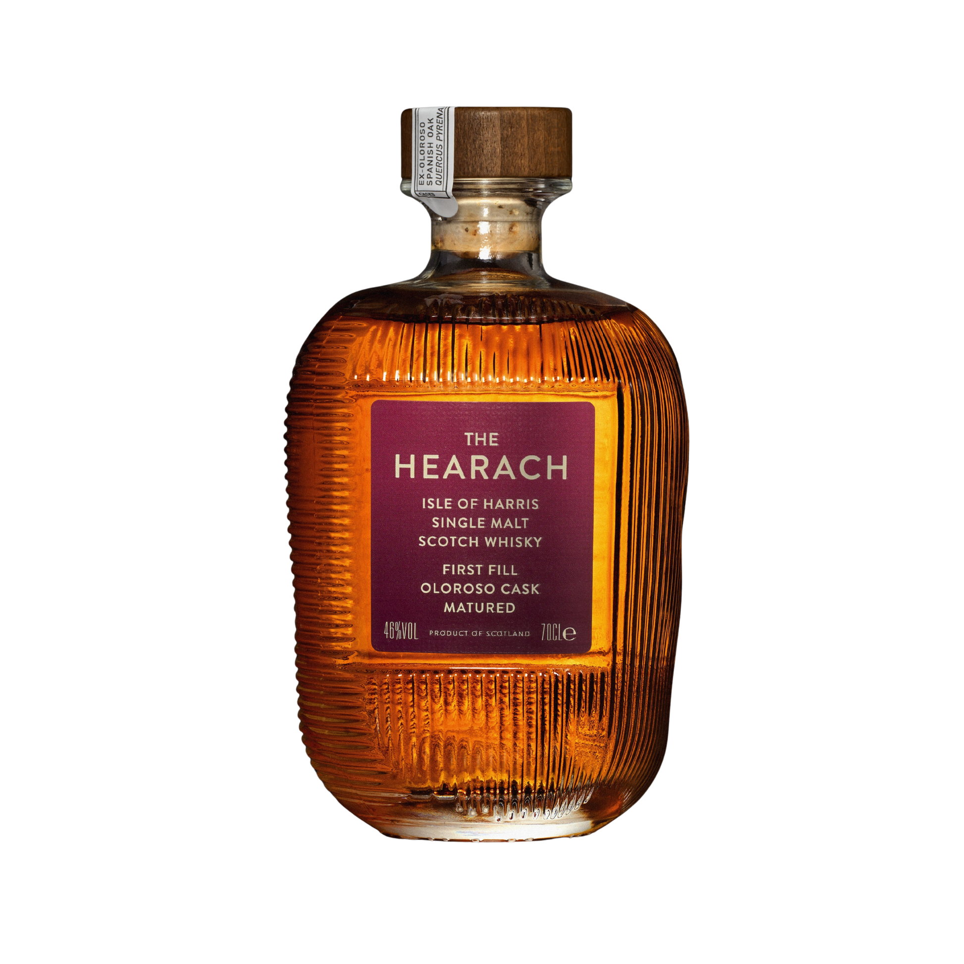 Bottle of Hearach Oloroso Cask single malt Scotch whisky on a white background