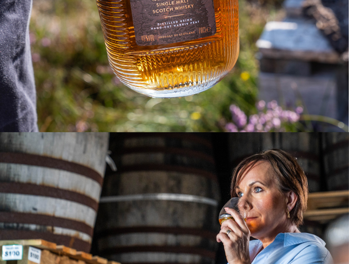 Person holding a bottle of The Hearach whisky with a scenic background, followed by a woman tasting whisky in a barrel cellar.