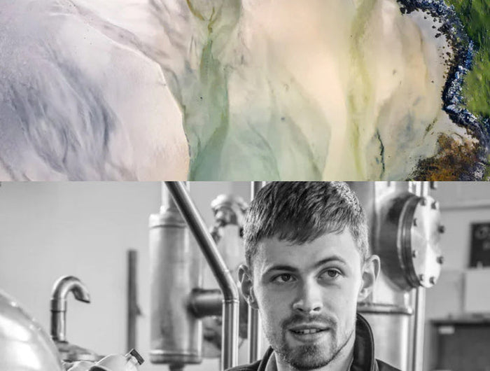 Top part of the image shows a natural landscape with beach and water, while the bottom part features a person working in an distilling setting.