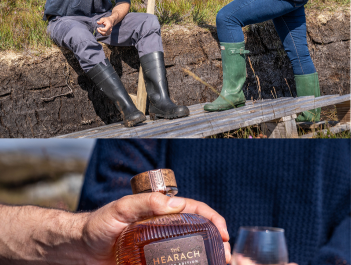 Two people toasting with glasses in a scenic outdoor setting, followed by a close-up of a bottle of Meaach whiskey.