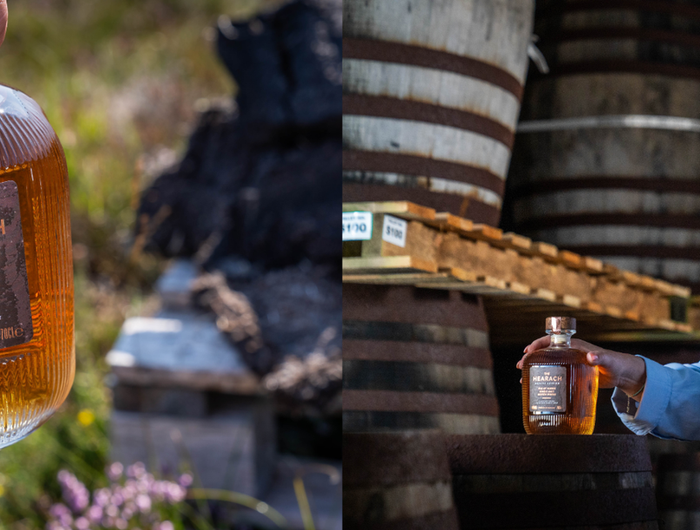 Collage of a bottle of 'The Hearach' whisky held by a person and a woman drinking from a glass in front of barrels.