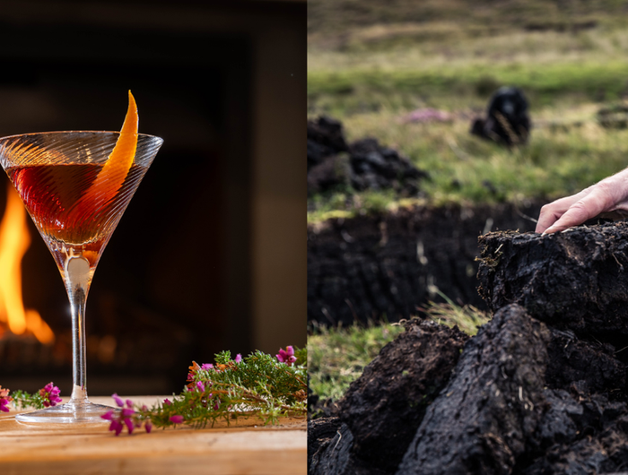 Bottle of Hebridean Whisky and a cocktail with peat smoke, person handling peat blocks.