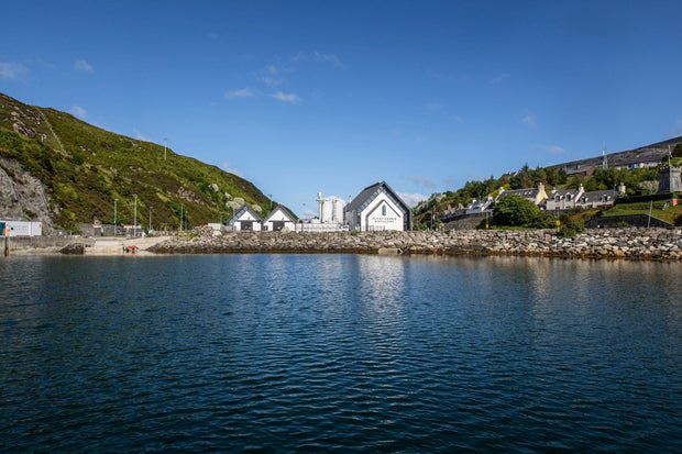 Scenic view of Isle of Harris distillery with houses and mountains under a clear blue sky.