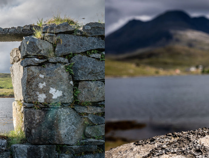 Collage of a stone archway by a lake and a glass of whiskey with a scenic background.