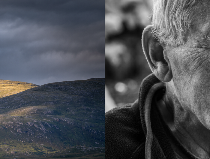 Split image with a mountain landscape on the left and a close-up of an elderly man on the right.