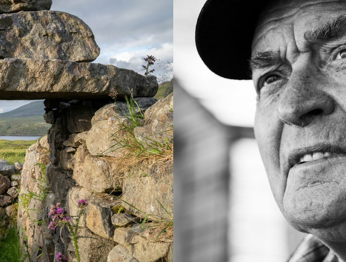 Stone structure with scenic background on the left, and a black and white portrait of an elderly man on the right.
