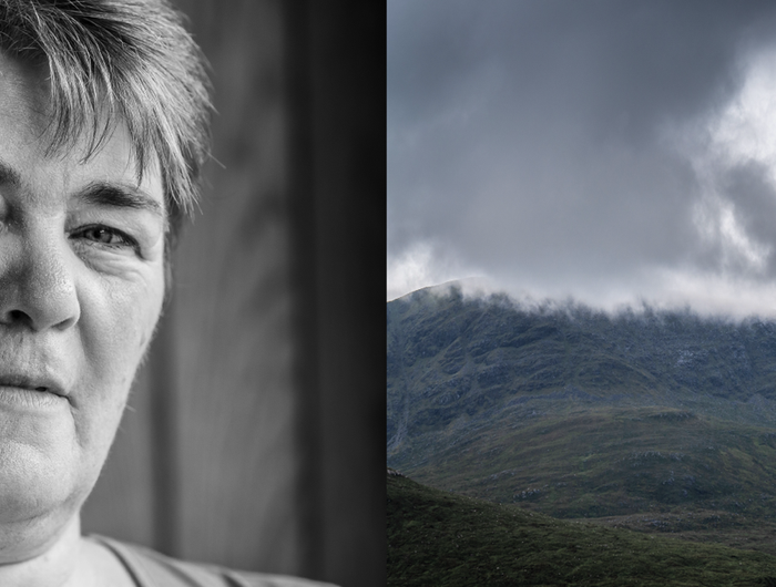 Split image with a woman on the left and a mountain landscape on the right.