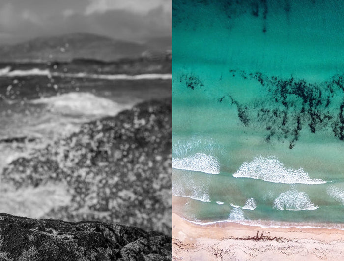 Bottle on a rock with a scenic background on the left, and a turquoise water body with greenery on the right.