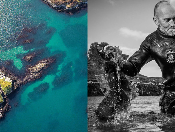 Split image: Left - Aerial view of a small island with greenery, Right - Person in wetsuit walking on a beach.