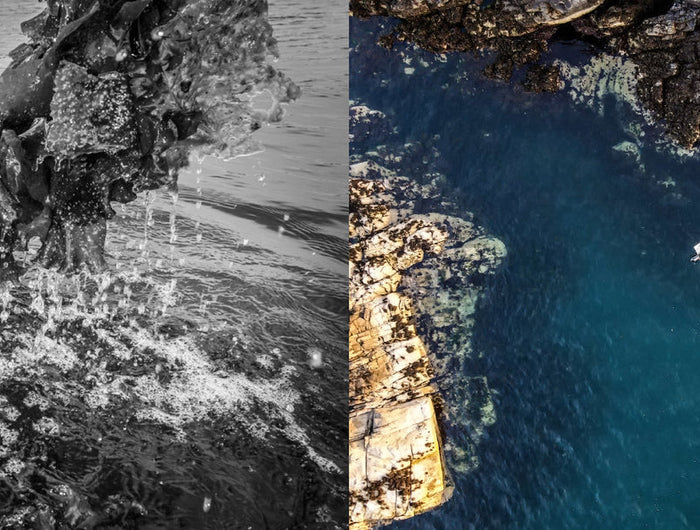 Two contrasting images: a black and white photo of a diver underwater and a color photo of a boat on a rocky coastline.