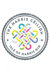 Logo of The Harris Ceilidh Isle of Harris Gin with a colorful knot design on a white background.