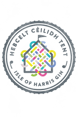 Logo of Isle of Harris Gin with colorful design and text on a white background