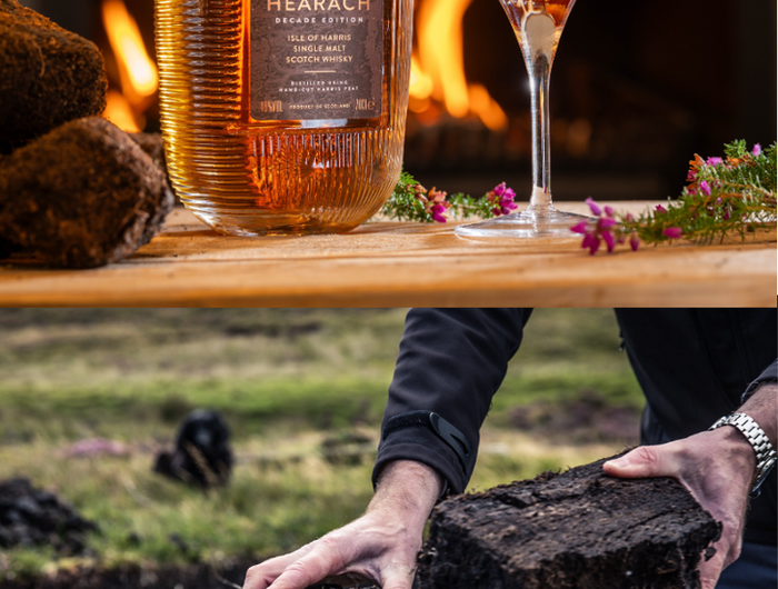 Hearach whisky bottle with a cocktail and fireplace in the background.  second image of a person handling peat.