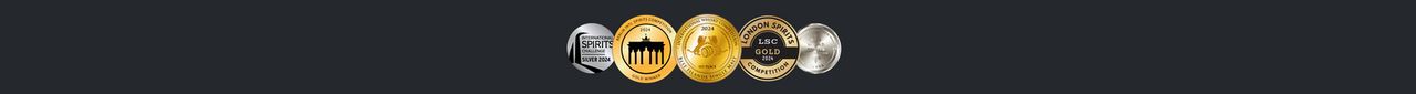 Five gold and silver badges on a black background