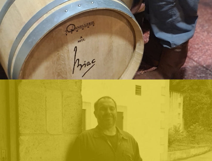 Person interacting with a wine barrel labeled 'Brisco' and a vintage photo of a man holding a sign.