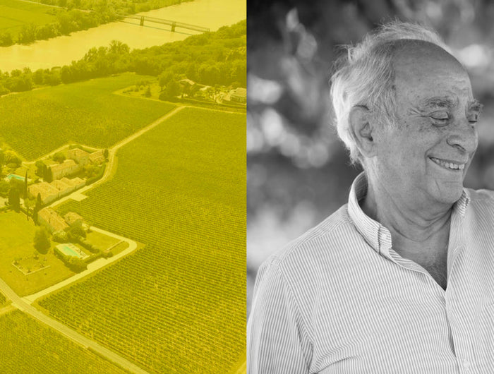 Split image with yellow-tinged vineyard landscape on the left and a black and white photo of an elderly couple on the right.