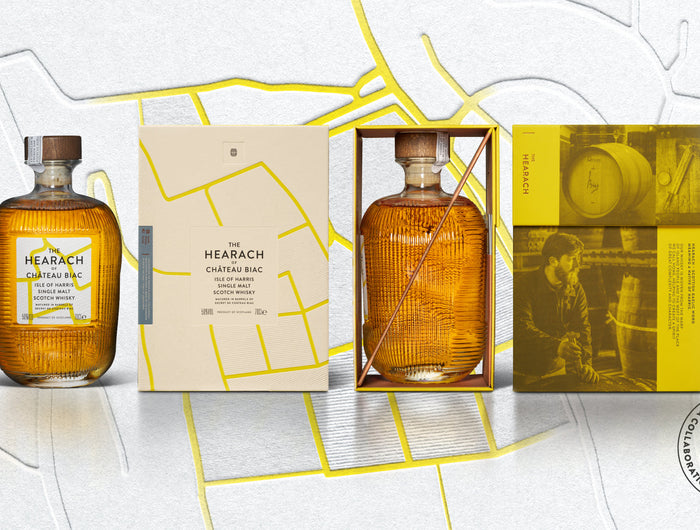 Hearach Chateau Biac bottle and packaging on a white background with abstract yellow lines