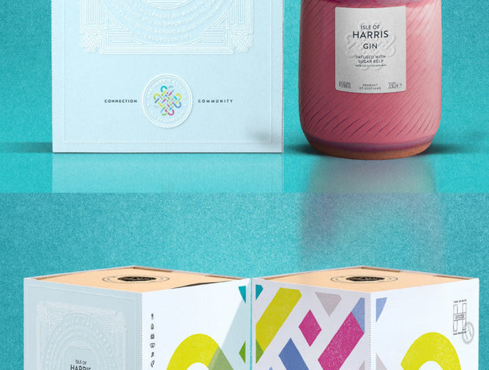 Pink bottle with gold cap and colorful box on a teal background