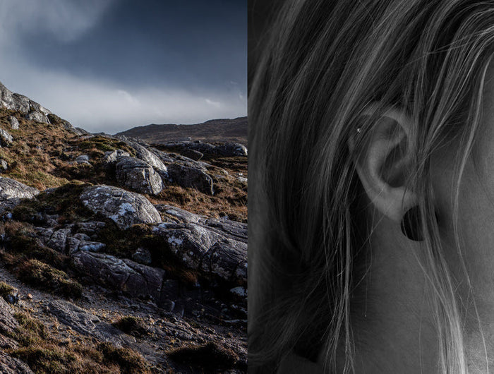 Split image of a rocky landscape on the left and a close-up of a person's face on the right.