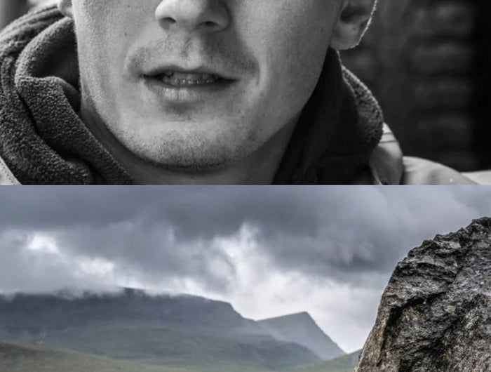 Top half of a person with a blurred background, bottom half shows a mountain landscape.