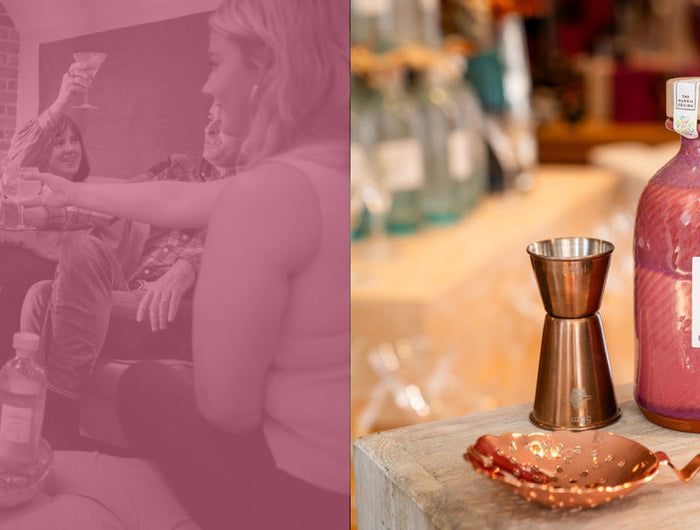 Two images: one of a group of people around a table with a bottle, and another of a bottle labeled 'Bottle Rocket' on a bar counter.