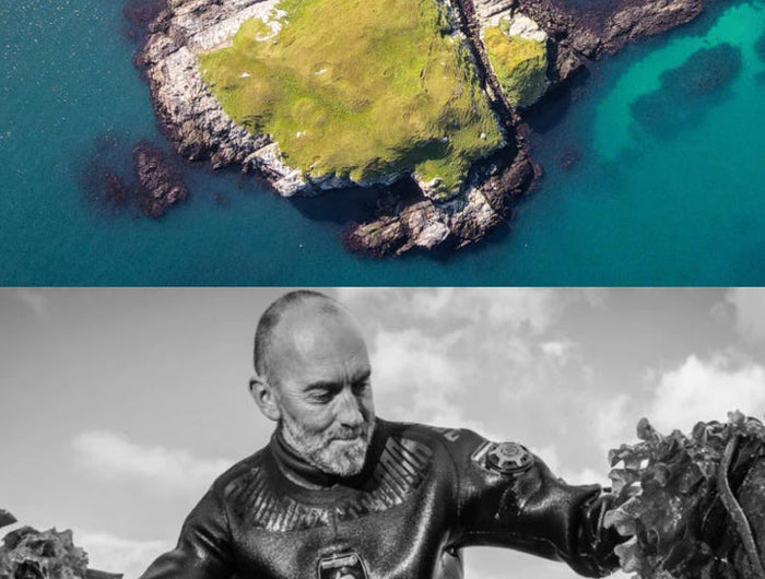 Top: A small island with green grass surrounded by blue water. Bottom: A person in a wetsuit holding onto rocks.