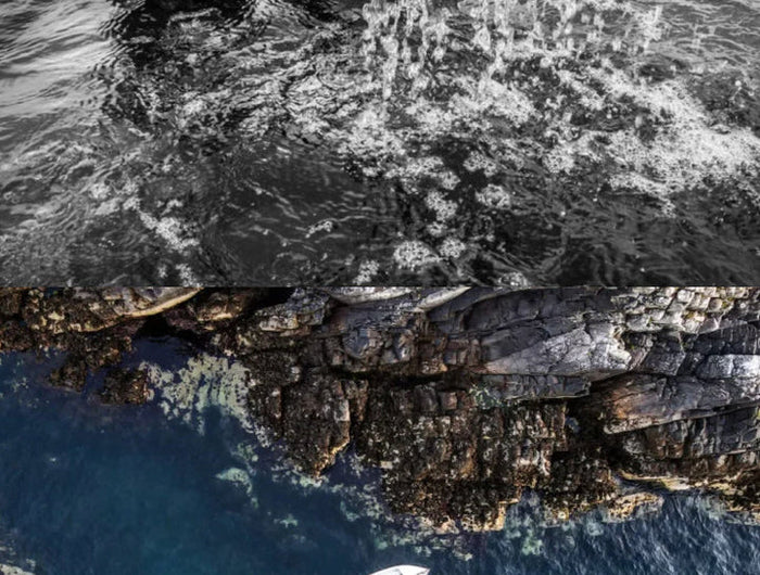 Person in scuba gear emerging from water near rocky coastline with a boat in the distance.
