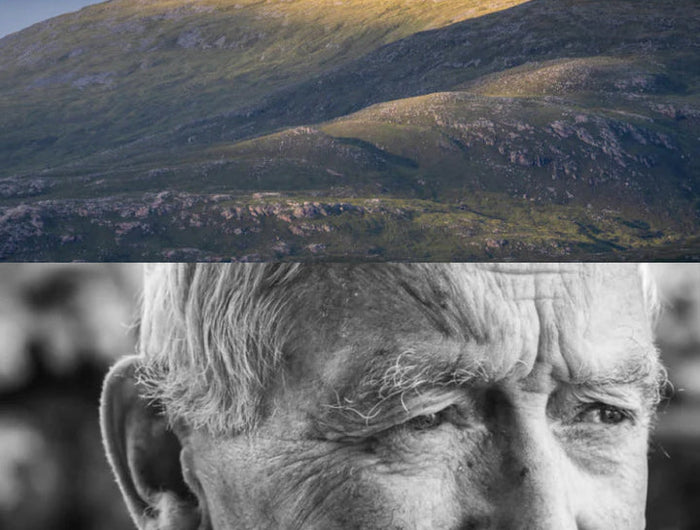 Collage of a mountain landscape and a close-up of an older man's face.