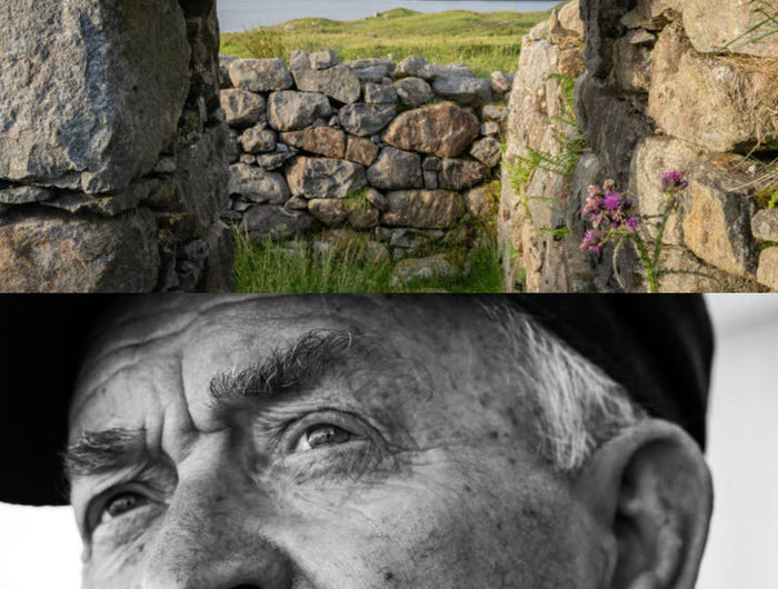 Collage of a stone structure with a scenic view and a close-up of an elderly man's face.