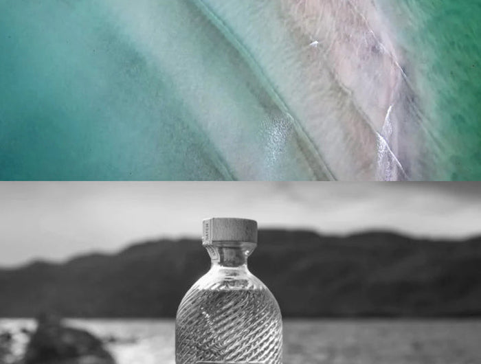 Harris Gin bottle and glass with ice on a rocky beach.