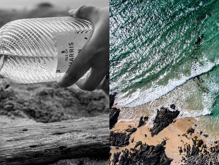 Person pouring gin from a bottle into a glass next to a beach scene with waves.