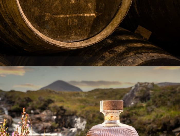 Top image of a whiskey barrel with 'Criaderá Oloroso' text, bottom image of a bottle labeled 'The Hearach' in a scenic outdoor setting.