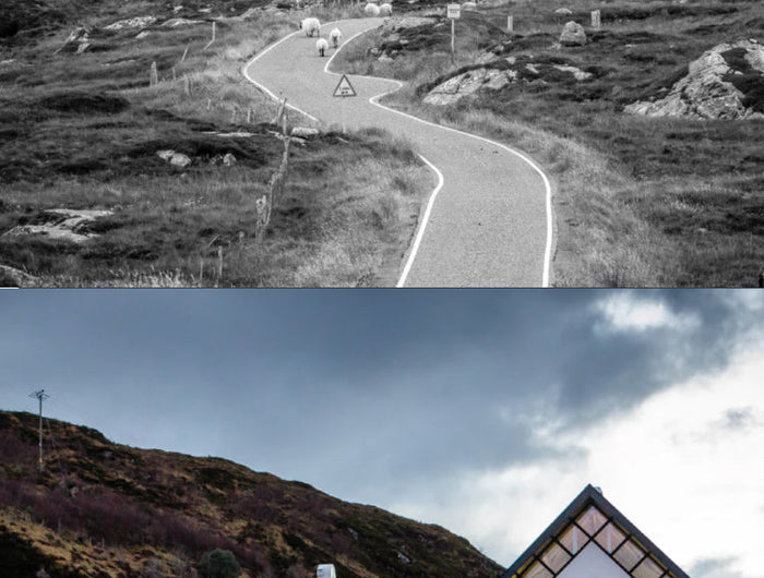 Top: Winding road through a rugged landscape. Bottom: Building with 'Isle of Harris Distillery' on a coastal setting.