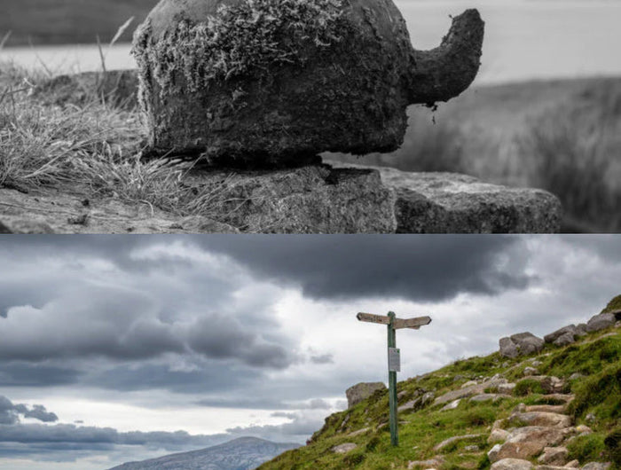 Top image: Rock formation with grass on a cloudy day. Bottom image: Path leading to a wooden cross on a hillside.