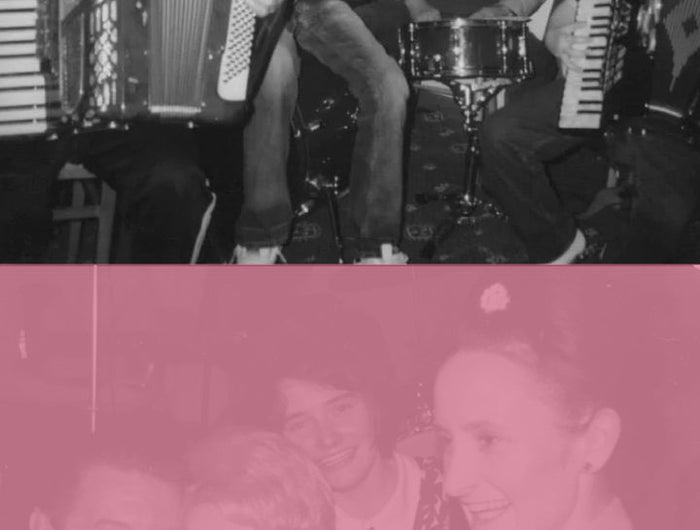 Two black and white photos of a band playing music with a pink overlay on the second photo of a group of people