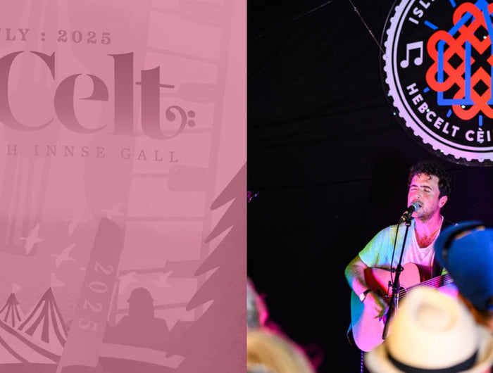 Promotional poster for HebCelt event on the left, with a couple dancing on stage on the right.
