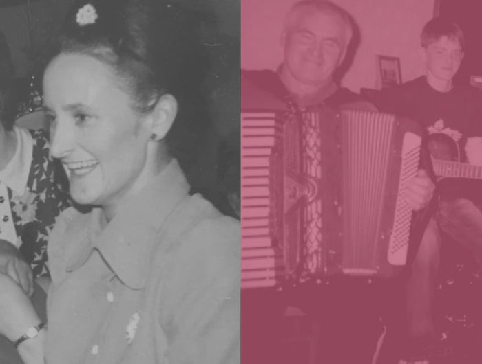 Two black and white photos side by side; a group of people, the other of people with accordions.