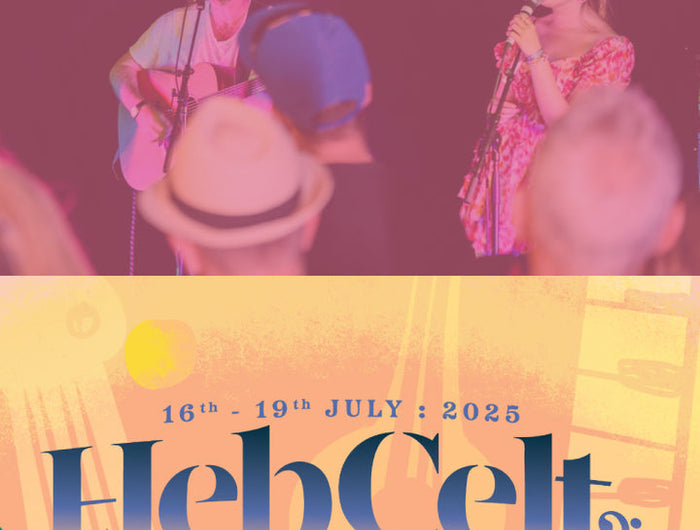 Promotional poster for HebCelt festival featuring musicians on stage with event details.