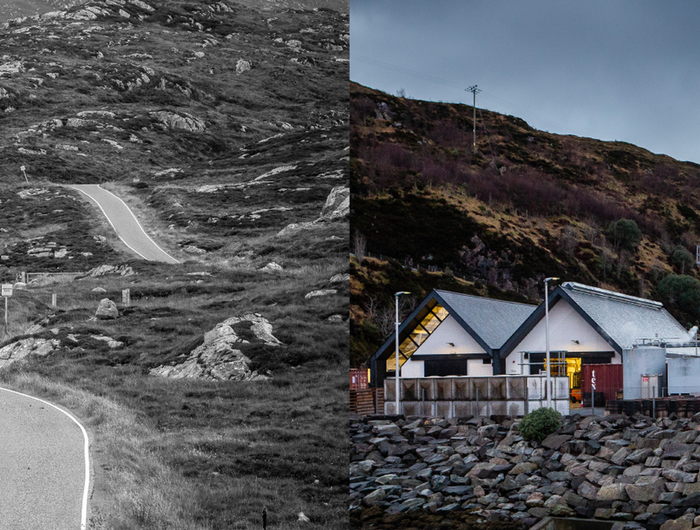 Split image of a mountainous landscape with a winding road and a building labeled 'Isle of Harris distillery'